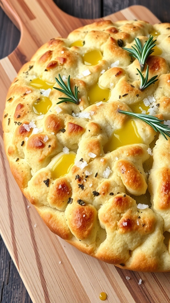 Herb Focaccia Bread Recipe for Dinner Golden brown herb focaccia bread with dimples, drizzled with olive oil and rosemary on a wooden board.
